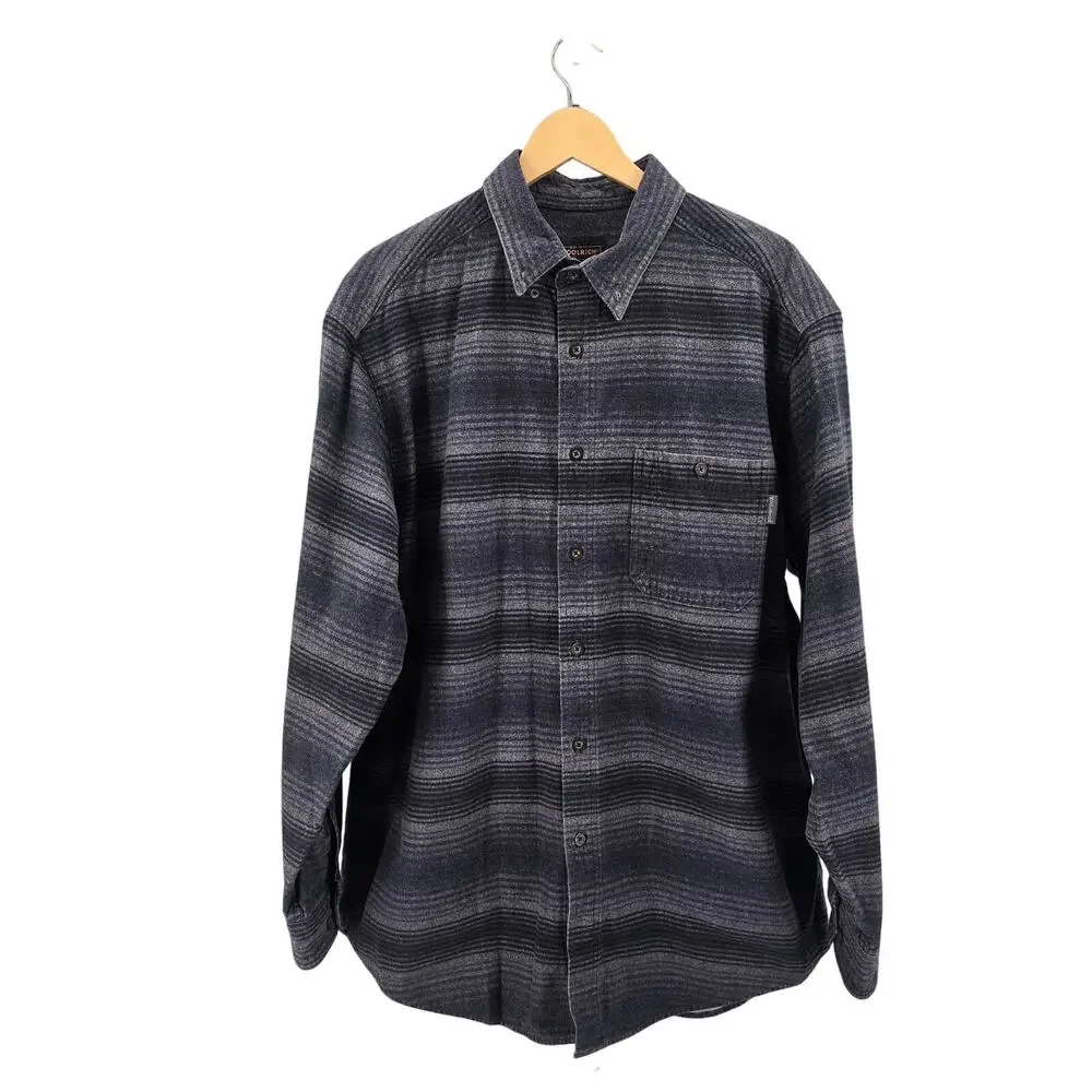 Woolrich Gray Black Striped Button Up Flannel Shirt Mens XL Long Sleeve Collared